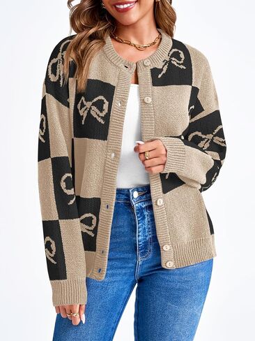 Saodimallsu Womens Checkered Sweater Bow Color Block Plaid Cardigan Long Sleeve Button Open Front Knit Coat in Saudi Arabia