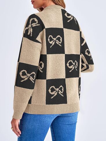 Saodimallsu Womens Checkered Sweater Bow Color Block Plaid Cardigan Long Sleeve Button Open Front Knit Coat in Saudi Arabia