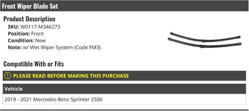 Front Wiper Blade Set - Compatible with 2019-2021 Mercedes-Benz Sprinter 2500 (with Wet Wiper System, Code FM3) in Saudi Arabia