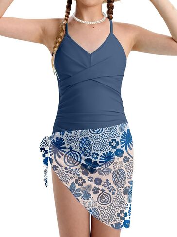 Girls Swimsuit Criss Cross Ruched One Piece Bathing Suit with Printed Mesh Cover Ups Adjustable Straps Swimwear 7-16Y in Saudi Arabia