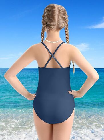 Girls Swimsuit Criss Cross Ruched One Piece Bathing Suit with Printed Mesh Cover Ups Adjustable Straps Swimwear 7-16Y in Saudi Arabia