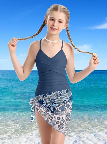 Girls Swimsuit Criss Cross Ruched One Piece Bathing Suit with Printed Mesh Cover Ups Adjustable Straps Swimwear 7-16Y in Saudi Arabia