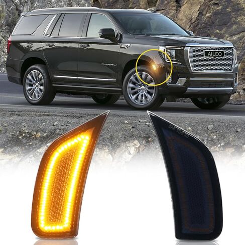 Aileo Super - مصابيح علامات LED Bright Amber LED لعام 2021-2024 Yukon/Yukon XL/Yukon Denali/Tahoe/Suburban/Escalade ESV - العدسات المدخنة عالية الجودة ، الوظيفة المزدوجة (المنعطف والموضع) ، 2pcs in Kuwait