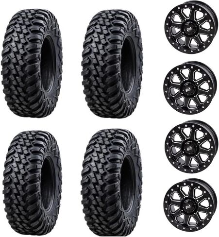 أربعة 28x10-14 TUSK Terrabite Heavy Duty 8 -ply utv الإطارات UTV مثبتة على عجلات Tusk Uinta Beadlock - لتطبيقات Polaris - 4/156 نمط الترباس - يشمل صواميل العروة (4+3 إزاحة عجلة ، أسود غير لامع) in Saudi Arabia