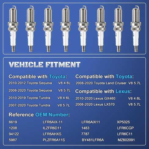 PLACKS Iridium Spark Plugs 8 Pack 6619 LFR6AIX11 يناسب 2007-2020 Toyota Tundra 5.7 Sequoia Land Cruiser Lexus GX460 LX570 2008 2009 2010 2014 2015 2015 2015 2017 2018 2018 2019 2020 4.6L 5.7L in Kuwait