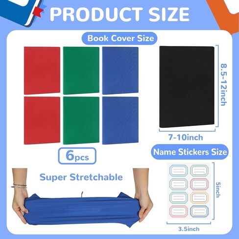 Jumbo Stretchable Book Cover 7PCS Reusable Fabric Book Cover with Label 9x11in Black Blue Green Red Protective Sleeve Hardcover Book Textbook Cover for School Fit Most Book Size Up to 10x12.5in in Kuwait