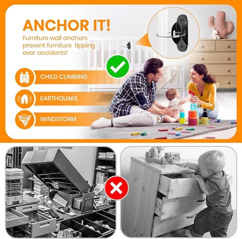 Furniture Anchors for Baby Proofing (10 Pack) Anti Tip Furniture Anchors Securing 400lbs,Wall Anchor Earthquake Straps Prevent Baby Pet from Falling Furniture Dresser & Bookshelf, White in Kuwait