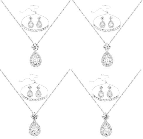 Plated Gold Silver Elegant Teardrop Zircon Earrings Necklace Bracelet Set for Bridesmaids, Sparkling Cubic Zirconia Jewelry, Wedding Gift, 4/5/6-Piece in Kuwait