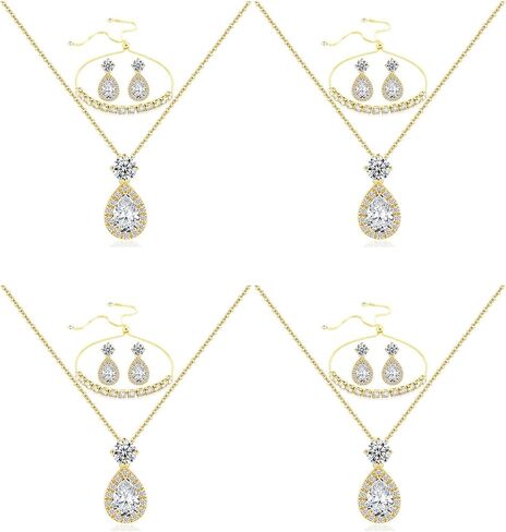 Plated Gold Silver Elegant Teardrop Zircon Earrings Necklace Bracelet Set for Bridesmaids, Sparkling Cubic Zirconia Jewelry, Wedding Gift, 4/5/6-Piece in Kuwait