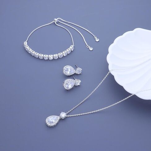 Plated Gold Silver Elegant Teardrop Zircon Earrings Necklace Bracelet Set for Bridesmaids, Sparkling Cubic Zirconia Jewelry, Wedding Gift, 4/5/6-Piece in Kuwait