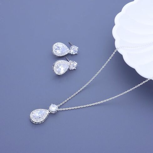 Plated Gold Silver Elegant Teardrop Zircon Earrings Necklace Bracelet Set for Bridesmaids, Sparkling Cubic Zirconia Jewelry, Wedding Gift, 4/5/6-Piece in Kuwait
