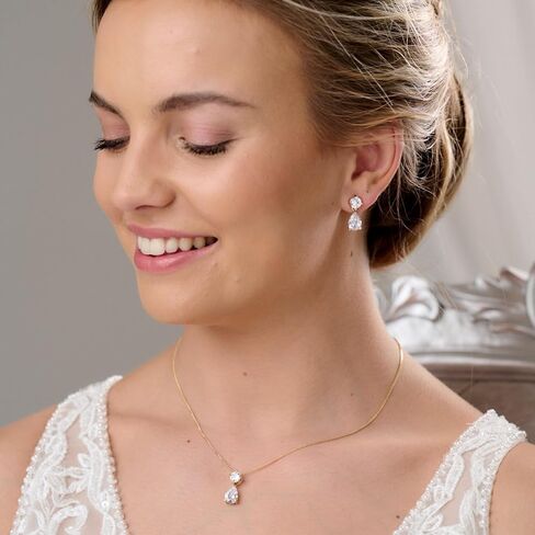Plated Gold Silver Elegant Teardrop Zircon Earrings Necklace Bracelet Set for Bridesmaids, Sparkling Cubic Zirconia Jewelry, Wedding Gift, 4/5/6-Piece in Kuwait