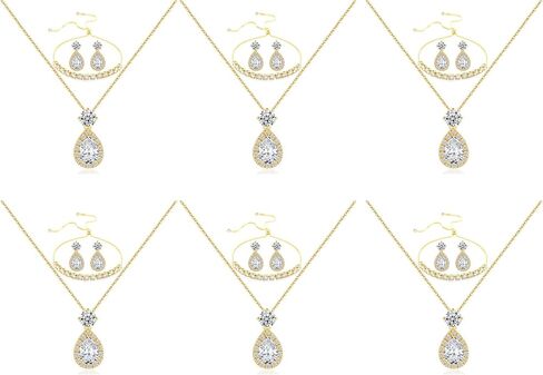 Plated Gold Silver Elegant Teardrop Zircon Earrings Necklace Bracelet Set for Bridesmaids, Sparkling Cubic Zirconia Jewelry, Wedding Gift, 4/5/6-Piece in Kuwait