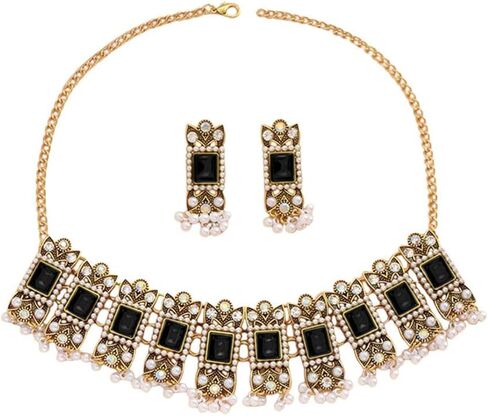 Vintage Rhinestone Indian Jewellery Set for Women Boho Punk Choker Necklace Tassels Pearl Bead Dangle Earring Crystal Wedding Prom Gemstone Traditional Bollywood Ethnic Charms Gift for Mom Xmas in Saudi Arabia