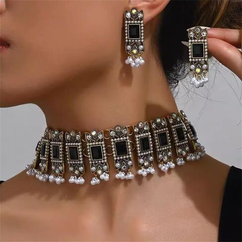 Vintage Rhinestone Indian Jewellery Set for Women Boho Punk Choker Necklace Tassels Pearl Bead Dangle Earring Crystal Wedding Prom Gemstone Traditional Bollywood Ethnic Charms Gift for Mom Xmas in Saudi Arabia