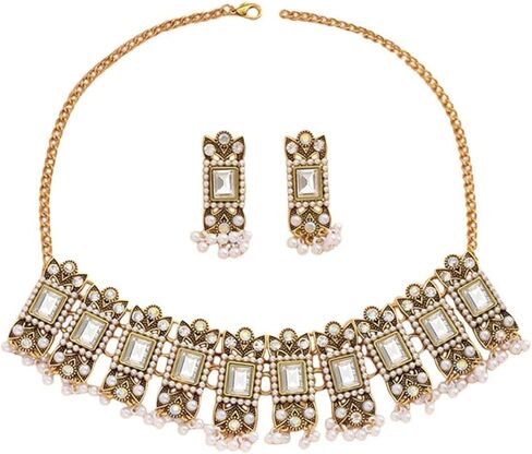 Vintage Rhinestone Indian Jewellery Set for Women Boho Punk Choker Necklace Tassels Pearl Bead Dangle Earring Crystal Wedding Prom Gemstone Traditional Bollywood Ethnic Charms Gift for Mom Xmas in Saudi Arabia