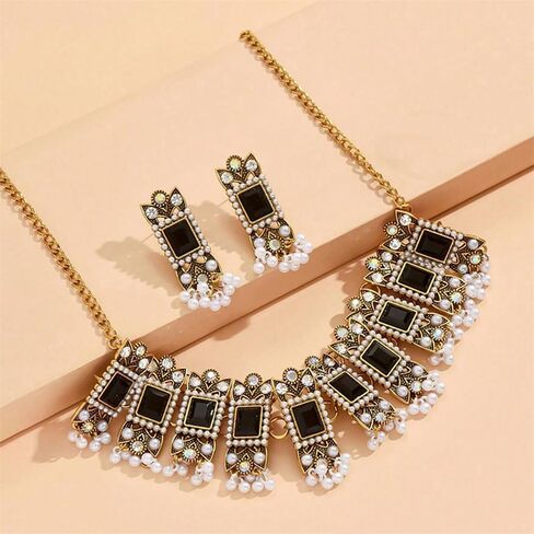 Vintage Rhinestone Indian Jewellery Set for Women Boho Punk Choker Necklace Tassels Pearl Bead Dangle Earring Crystal Wedding Prom Gemstone Traditional Bollywood Ethnic Charms Gift for Mom Xmas in Saudi Arabia