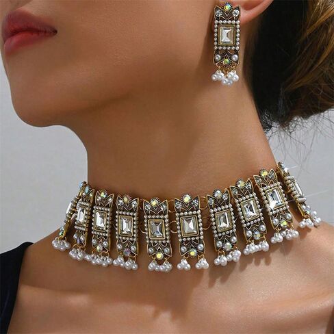 Vintage Rhinestone Indian Jewellery Set for Women Boho Punk Choker Necklace Tassels Pearl Bead Dangle Earring Crystal Wedding Prom Gemstone Traditional Bollywood Ethnic Charms Gift for Mom Xmas in Saudi Arabia