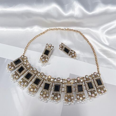 Vintage Rhinestone Indian Jewellery Set for Women Boho Punk Choker Necklace Tassels Pearl Bead Dangle Earring Crystal Wedding Prom Gemstone Traditional Bollywood Ethnic Charms Gift for Mom Xmas in Saudi Arabia