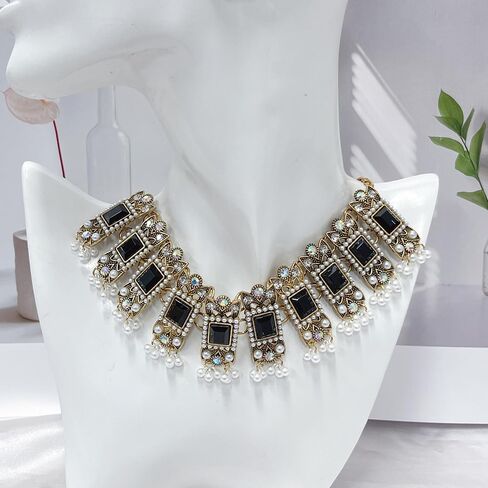 Vintage Rhinestone Indian Jewellery Set for Women Boho Punk Choker Necklace Tassels Pearl Bead Dangle Earring Crystal Wedding Prom Gemstone Traditional Bollywood Ethnic Charms Gift for Mom Xmas in Saudi Arabia