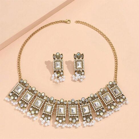 Vintage Rhinestone Indian Jewellery Set for Women Boho Punk Choker Necklace Tassels Pearl Bead Dangle Earring Crystal Wedding Prom Gemstone Traditional Bollywood Ethnic Charms Gift for Mom Xmas in Saudi Arabia