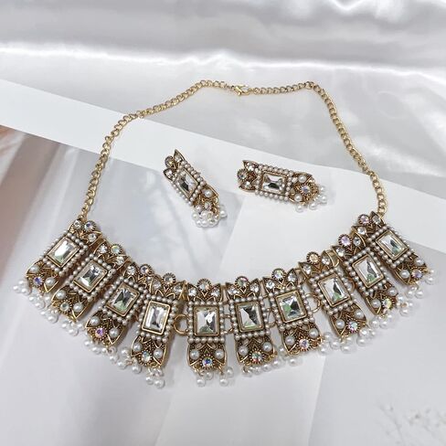 Vintage Rhinestone Indian Jewellery Set for Women Boho Punk Choker Necklace Tassels Pearl Bead Dangle Earring Crystal Wedding Prom Gemstone Traditional Bollywood Ethnic Charms Gift for Mom Xmas in Saudi Arabia