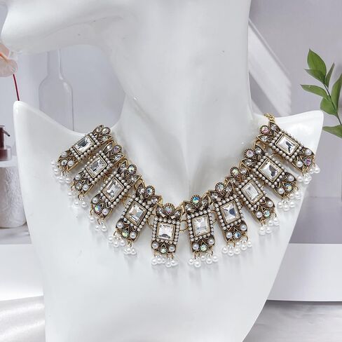 Vintage Rhinestone Indian Jewellery Set for Women Boho Punk Choker Necklace Tassels Pearl Bead Dangle Earring Crystal Wedding Prom Gemstone Traditional Bollywood Ethnic Charms Gift for Mom Xmas in Saudi Arabia