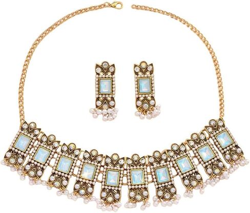 Vintage Rhinestone Indian Jewellery Set for Women Boho Punk Choker Necklace Tassels Pearl Bead Dangle Earring Crystal Wedding Prom Gemstone Traditional Bollywood Ethnic Charms Gift for Mom Xmas in Saudi Arabia
