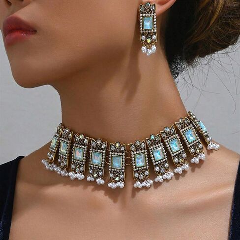 Vintage Rhinestone Indian Jewellery Set for Women Boho Punk Choker Necklace Tassels Pearl Bead Dangle Earring Crystal Wedding Prom Gemstone Traditional Bollywood Ethnic Charms Gift for Mom Xmas in Saudi Arabia