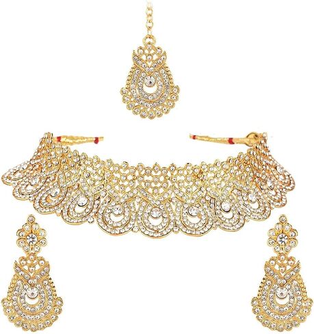 Efulgenz Crystal الهندي المجوهرات مجموعة Rhinestone Crystal قلادة القلادة أقراط Maang Tikka مجموعة مجوهرات زفاف Bollywood Bollywood للنساء in Kuwait