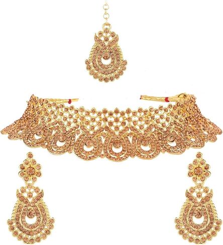 Efulgenz Crystal الهندي المجوهرات مجموعة Rhinestone Crystal قلادة القلادة أقراط Maang Tikka مجموعة مجوهرات زفاف Bollywood Bollywood للنساء in Kuwait