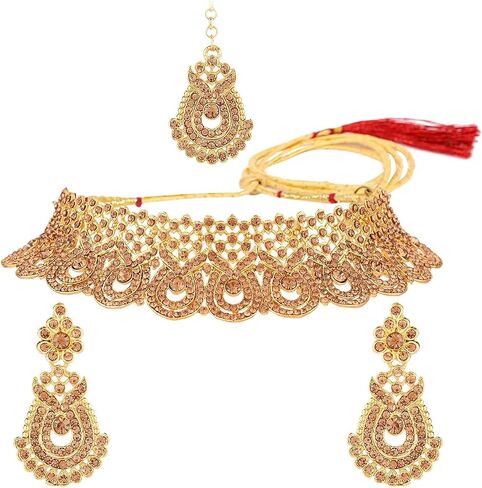 Efulgenz Crystal الهندي المجوهرات مجموعة Rhinestone Crystal قلادة القلادة أقراط Maang Tikka مجموعة مجوهرات زفاف Bollywood Bollywood للنساء in Kuwait