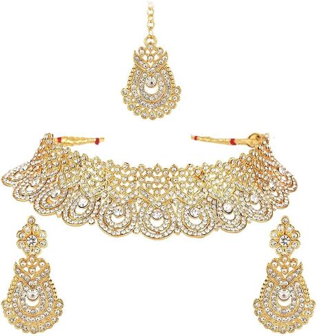 Efulgenz Crystal Indian Jewelry Set Rhinestone Crystal Choker Necklace Earrings Maang Tikka Set Wedding Bollywood Bridal Jewelry Set for Women in Saudi Arabia
