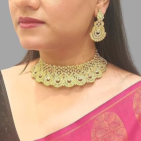 Efulgenz Crystal Indian Jewelry Set Rhinestone Crystal Choker Necklace Earrings Maang Tikka Set Wedding Bollywood Bridal Jewelry Set for Women in Saudi Arabia
