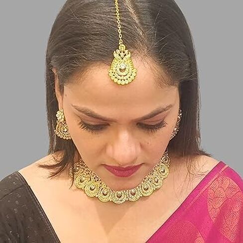 Efulgenz Crystal Indian Jewelry Set Rhinestone Crystal Choker Necklace Earrings Maang Tikka Set Wedding Bollywood Bridal Jewelry Set for Women in Saudi Arabia