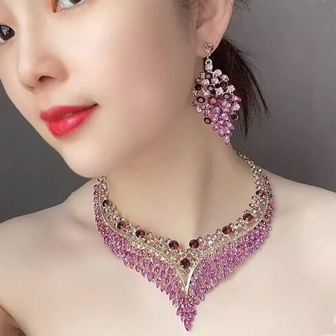 Wedding Bridal Jewelry Set Crystal Rhinestone Statement Necklace Vintage Collar Necklace Dangle Earrings Set for Women in Kuwait
