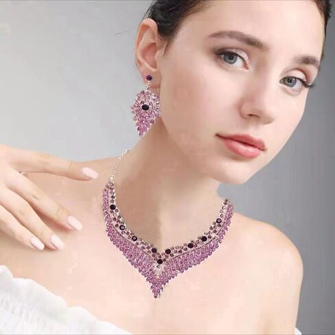 Wedding Bridal Jewelry Set Crystal Rhinestone Statement Necklace Vintage Collar Necklace Dangle Earrings Set for Women in Kuwait