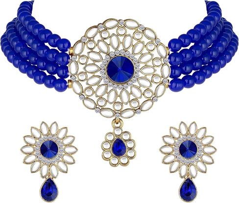 Aheli Kundan Pearl Choker Multi Layered Necklace Earrings Set Indian Traditional Wedding Jewelry Gift for Women in Saudi Arabia