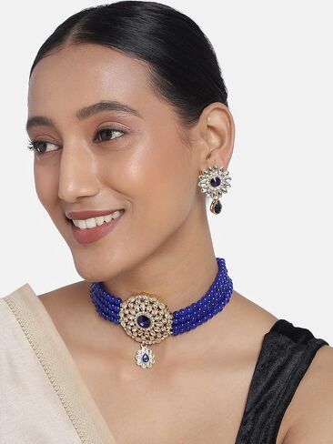 Aheli Kundan Pearl Choker Multi Layered Necklace Earrings Set Indian Traditional Wedding Jewelry Gift for Women in Saudi Arabia