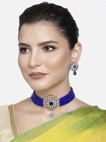 Aheli Kundan Pearl Choker Multi Layered Necklace Earrings Set Indian Traditional Wedding Jewelry Gift for Women in Saudi Arabia