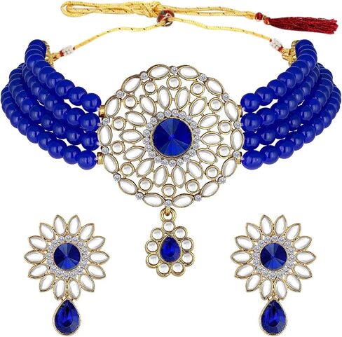Aheli Kundan Pearl Choker Multi Layered Necklace Earrings Set Indian Traditional Wedding Jewelry Gift for Women in Saudi Arabia