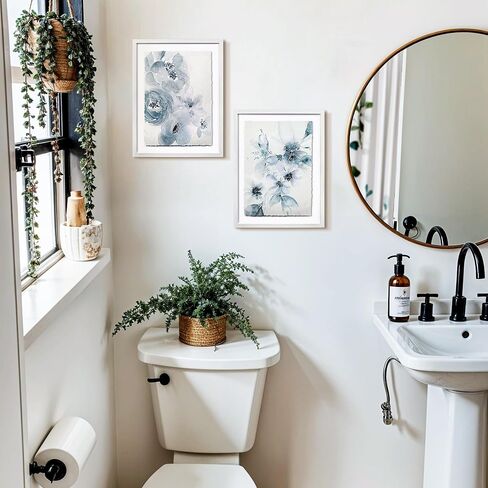 ArtbyHannah Framed Bathroom Wall Decor, Light Blue Wall Art with Torn Edge Design and Watercolor Floral Prints Pictures Artwork for Bedroom Home Decorations(2 Pack, 12x16 Inch) in Kuwait