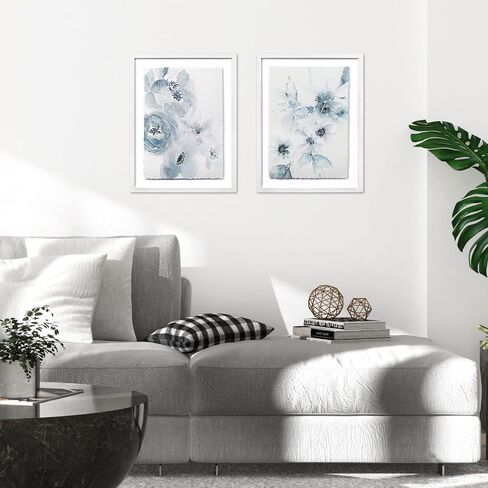 ArtbyHannah Framed Bathroom Wall Decor, Light Blue Wall Art with Torn Edge Design and Watercolor Floral Prints Pictures Artwork for Bedroom Home Decorations(2 Pack, 12x16 Inch) in Kuwait
