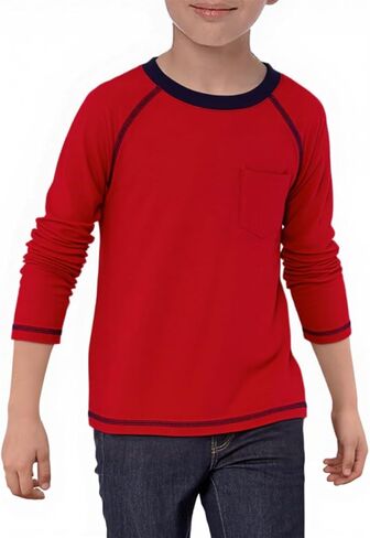 Haloumoning Boys Shirts Kids Long Sleeve Crewneck T Shirts Casual Fall Tops Tees with Chest Pocket 5-14 Years in Saudi Arabia