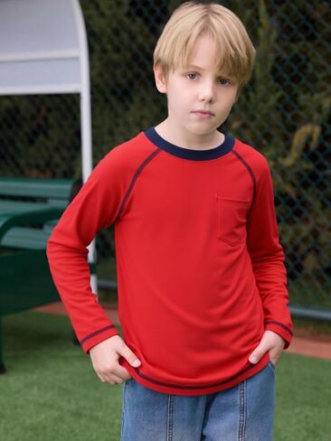 Haloumoning Boys Shirts Kids Long Sleeve Crewneck T Shirts Casual Fall Tops Tees with Chest Pocket 5-14 Years in Saudi Arabia