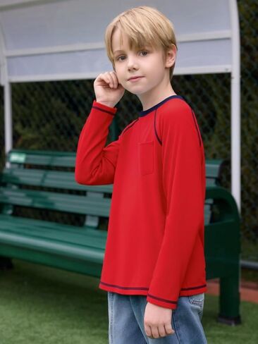 Haloumoning Boys Shirts Kids Long Sleeve Crewneck T Shirts Casual Fall Tops Tees with Chest Pocket 5-14 Years in Saudi Arabia
