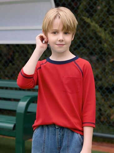Haloumoning Boys Shirts Kids Long Sleeve Crewneck T Shirts Casual Fall Tops Tees with Chest Pocket 5-14 Years in Saudi Arabia