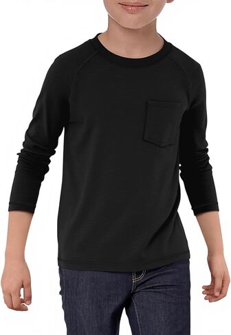 Haloumoning Boys Shirts Kids Long Sleeve Crewneck T Shirts Casual Fall Tops Tees with Chest Pocket 5-14 Years in Saudi Arabia