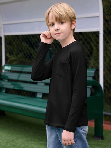 Haloumoning Boys Shirts Kids Long Sleeve Crewneck T Shirts Casual Fall Tops Tees with Chest Pocket 5-14 Years in Saudi Arabia