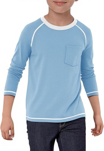 Haloumoning Boys Shirts Kids Long Sleeve Crewneck T Shirts Casual Fall Tops Tees with Chest Pocket 5-14 Years in Saudi Arabia